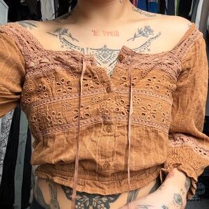 American Eagle Outfitters Rust Off-Shoulder Lace-Trim Crop Top
